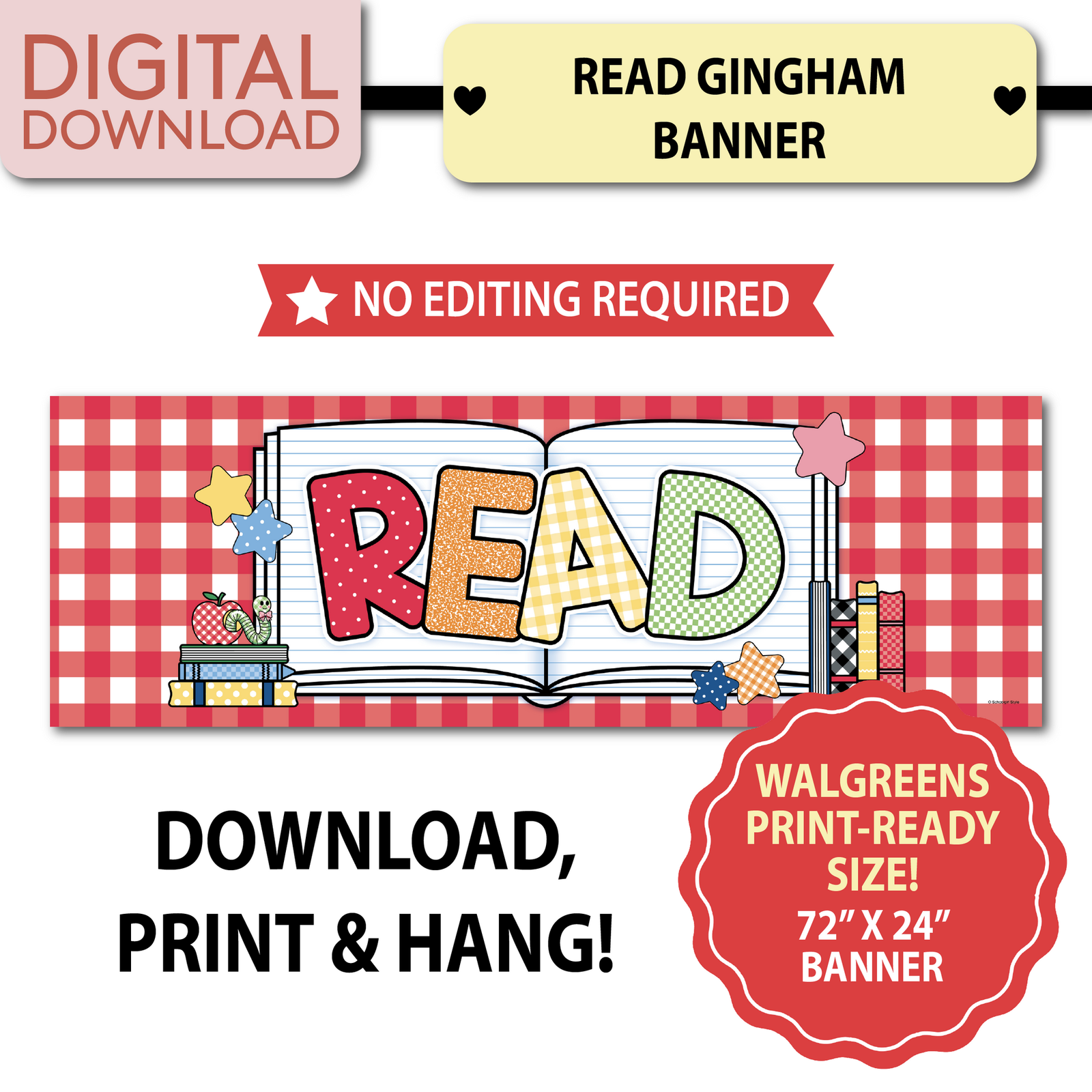 90s teacher read gingham printable banner